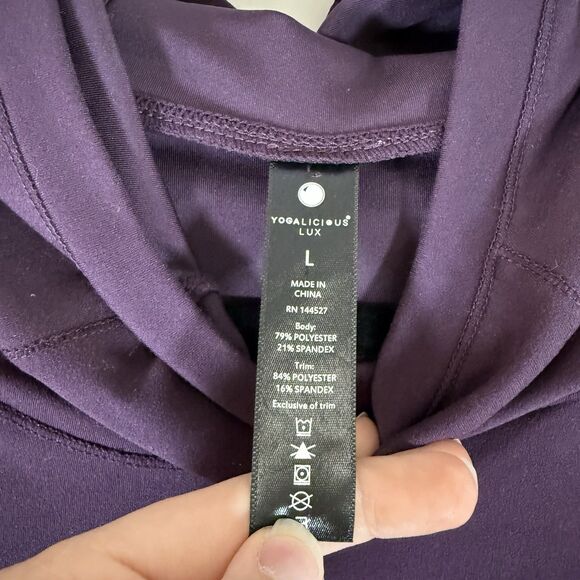 Yogalicious Lux Sweatshirt Women's Large Purple Hooded Cowl Neck Thumb Holes - Picture 6 of 10